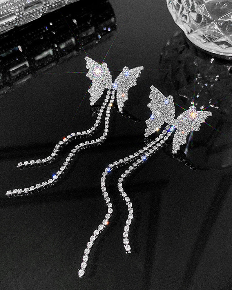 Rhinestone Butterfly Tassel Chain Halskjede øredobber