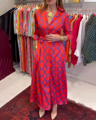 Skjortekjole med V-hals og 3/4-ermer