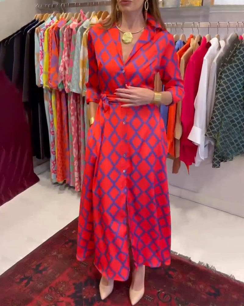 Skjortekjole med V-hals og 3/4-ermer