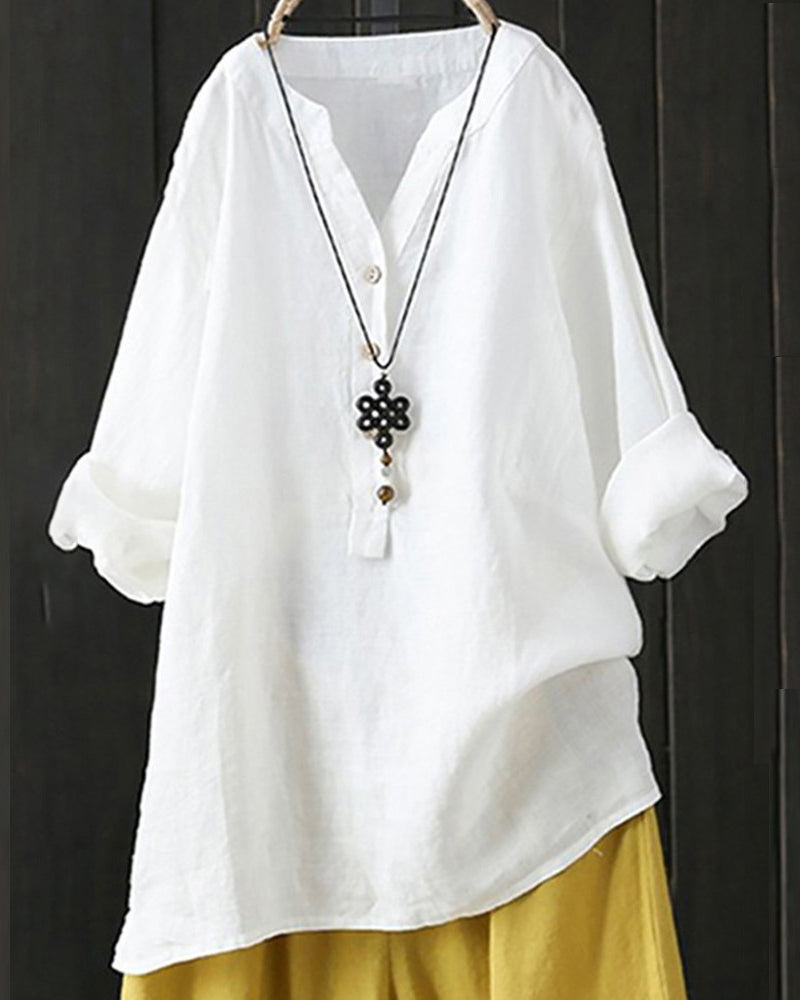 Ensfarget langermet skjorte med V-hals