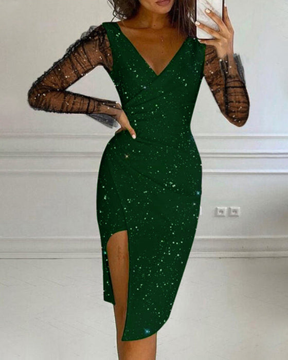 Paljett V-hals mesh kjole