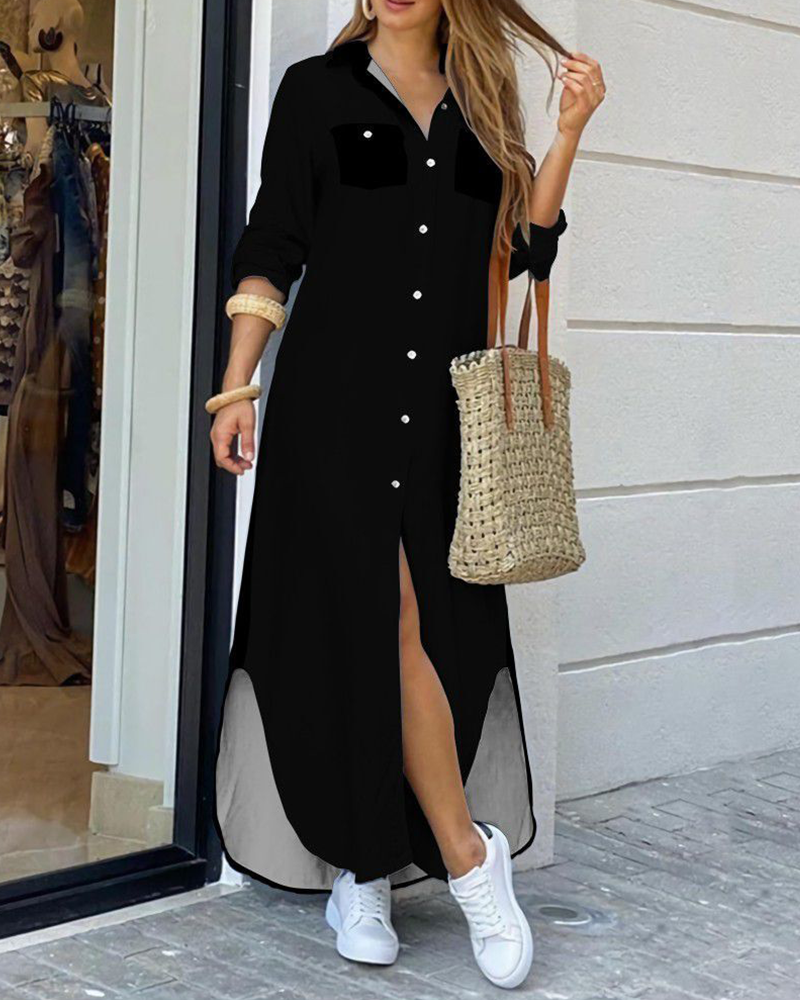 Ensfarget langermet lang kjole i skjorte-design