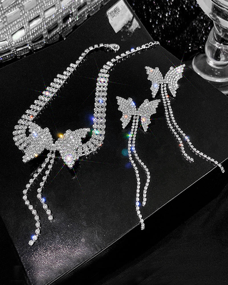 Rhinestone Butterfly Tassel Chain Halskjede øredobber