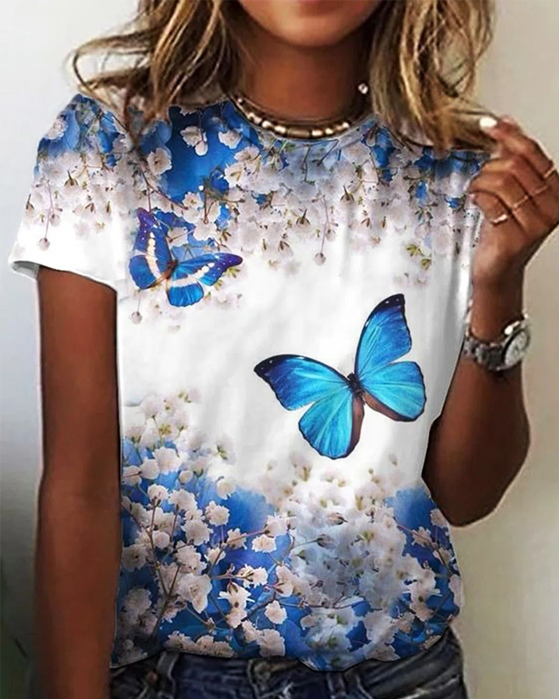 Rund hals basic t-skjorte med blomster og butterfly