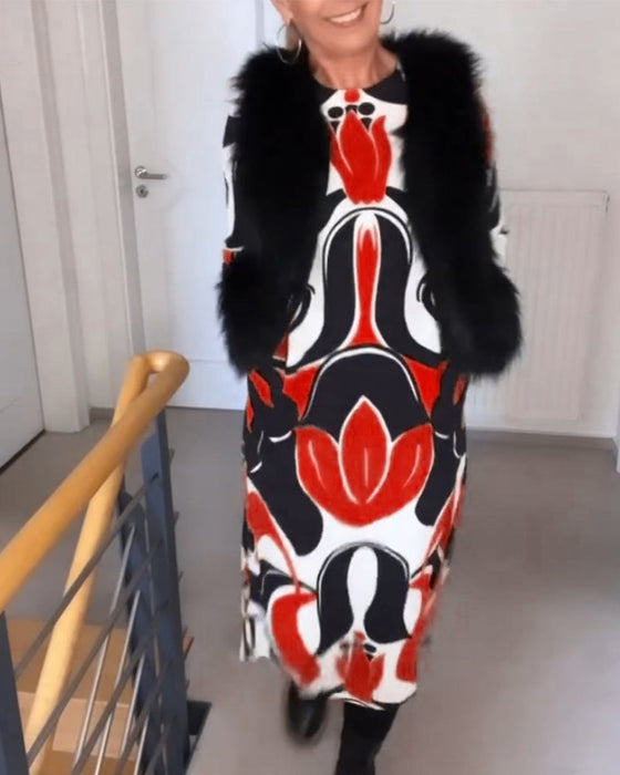 Trykt kjole med rund hals