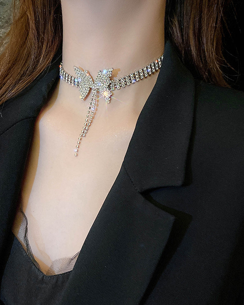Rhinestone Butterfly Tassel Chain Halskjede øredobber