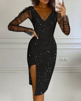 Paljett V-hals mesh kjole