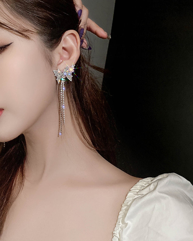 Rhinestone Butterfly Tassel Chain Halskjede øredobber