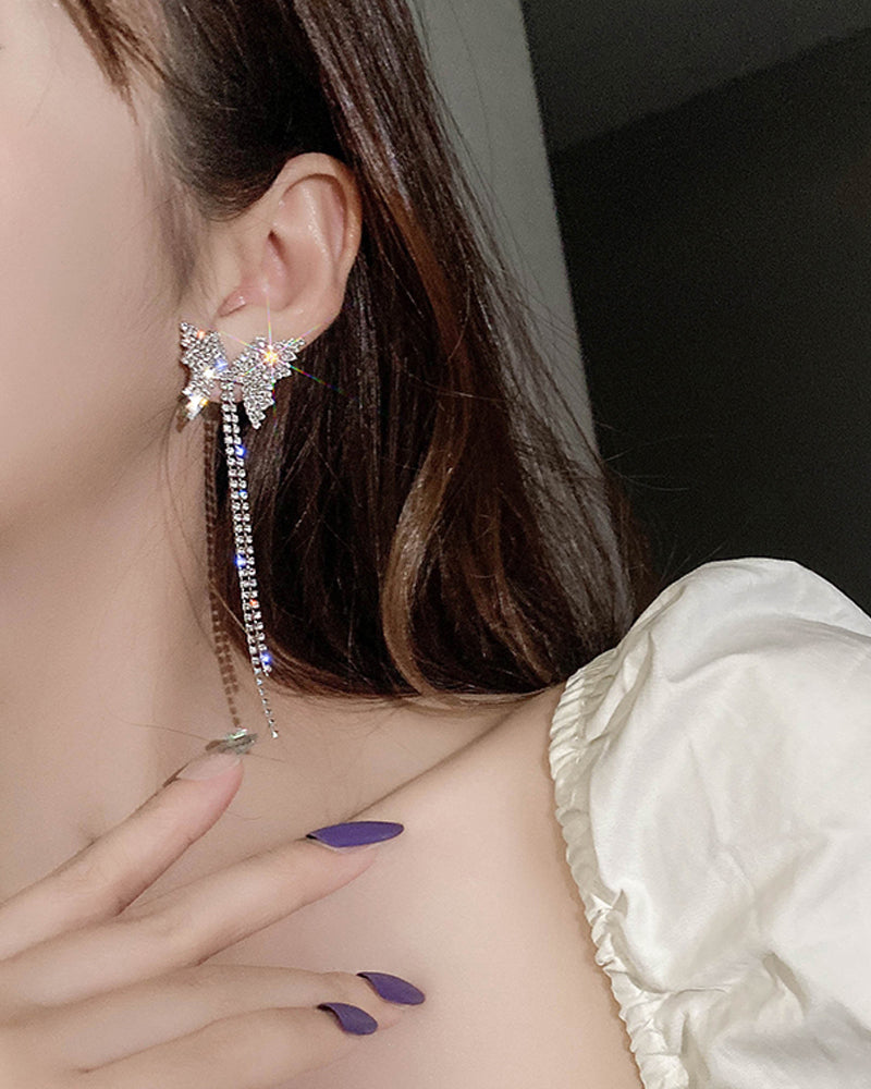 Rhinestone Butterfly Tassel Chain Halskjede øredobber