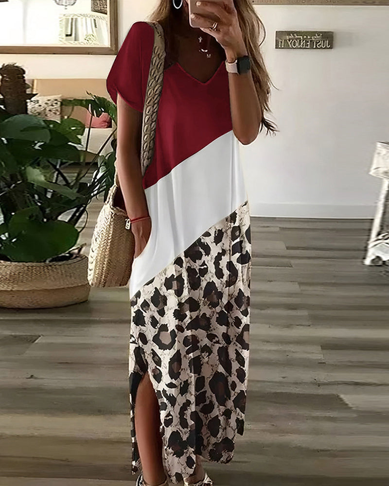 Uformell kjole i fargeblokk og leopardprint
