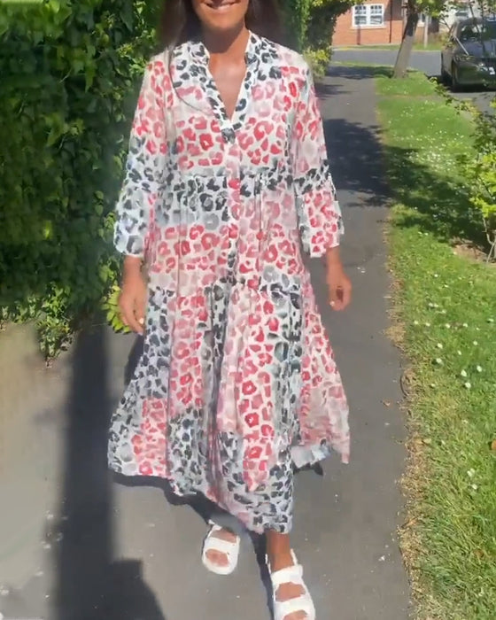 V-hals printet volang uformell kjole