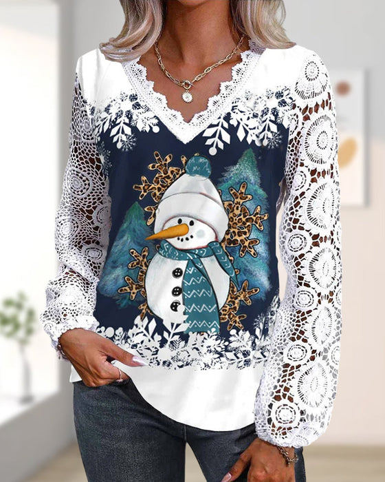 Bluse med blonde- og snømannmønster