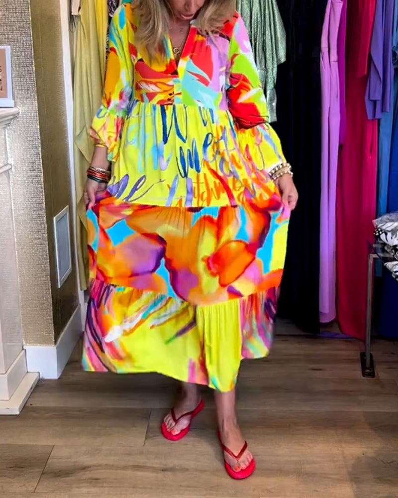 Kjole med utsvungne ermer og trykk