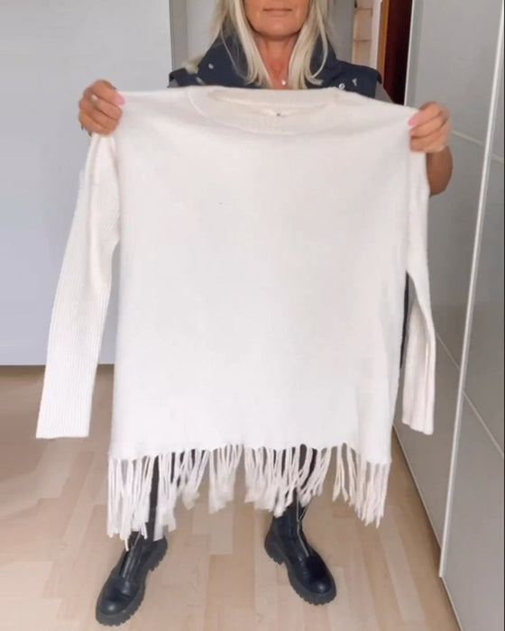 Ensfarget fritidsgenser med frynser