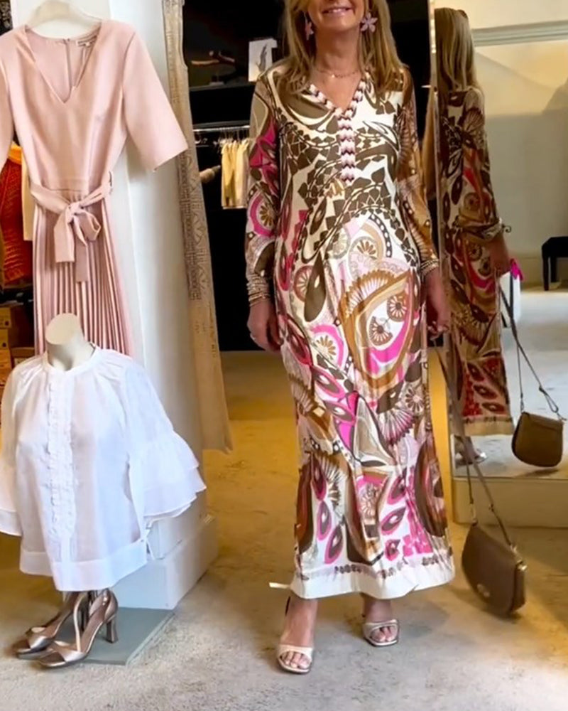 V-hals avslappet lang kjole med tryk