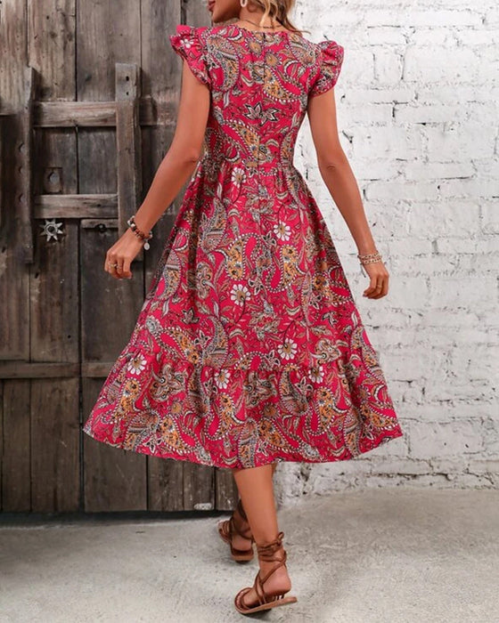 Printet kjole med v-hals