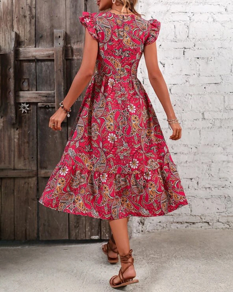 Printet kjole med v-hals