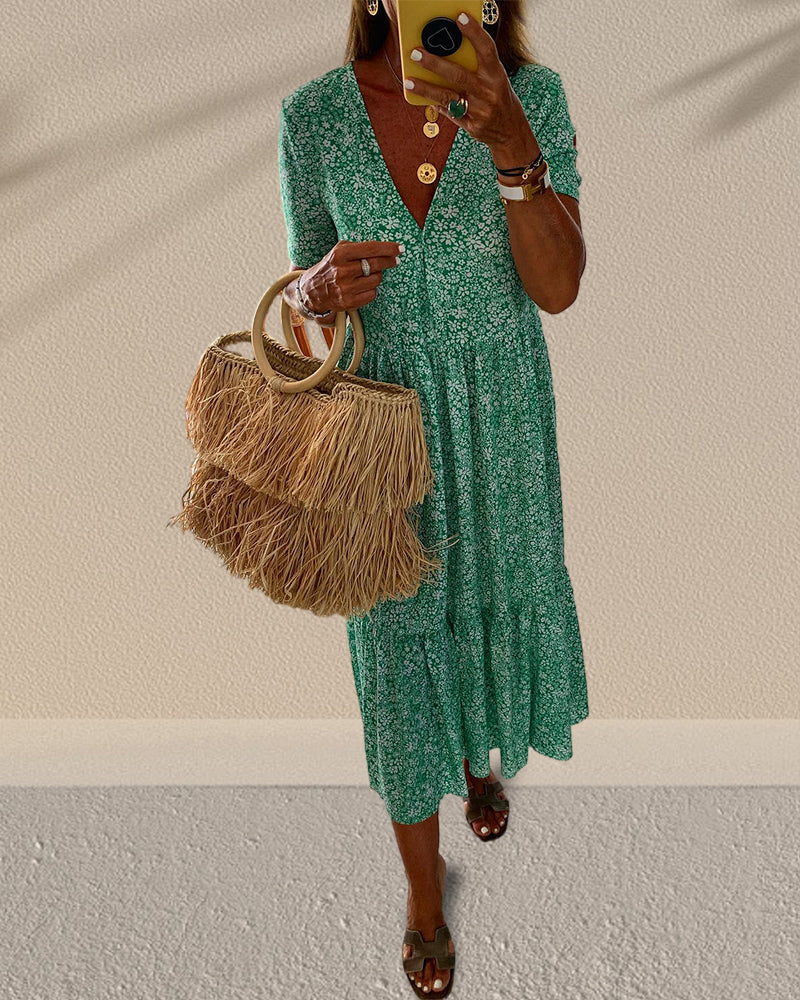 V-hals kjole med blomstertrykk