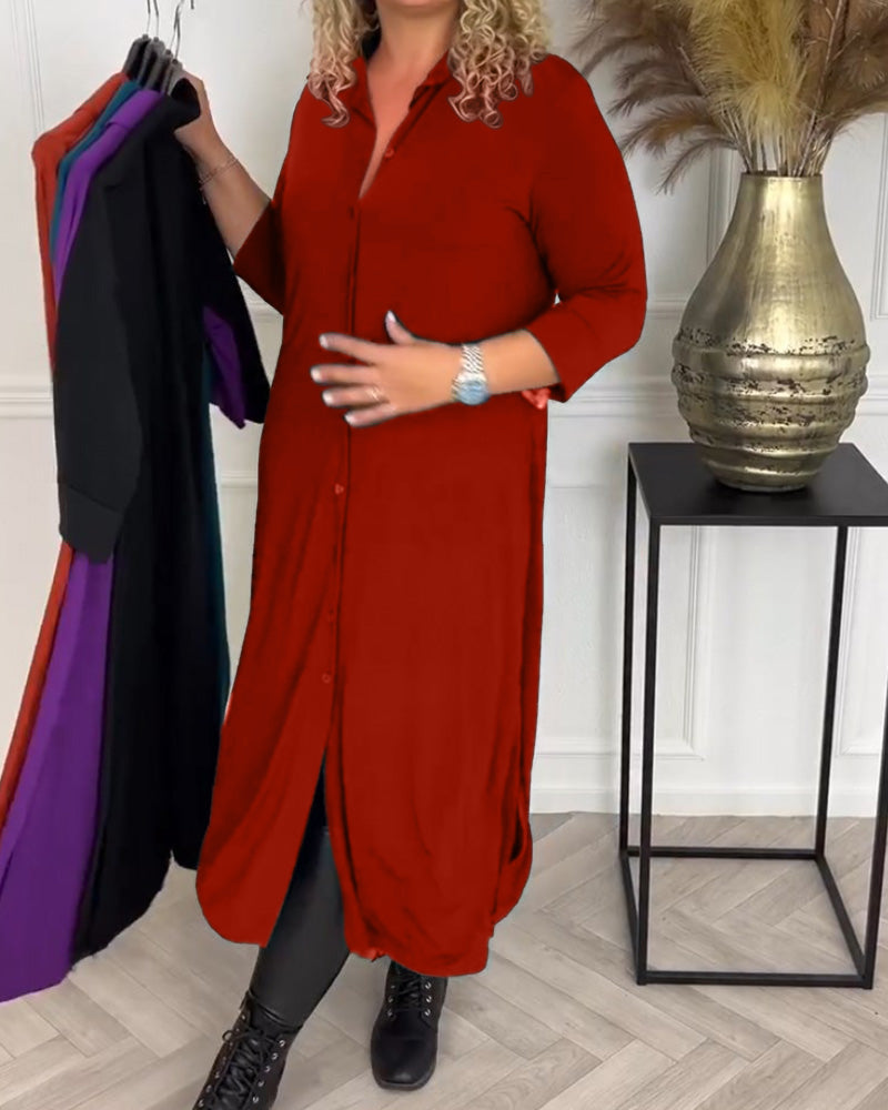 Ensfarget skjortekjole med knapper