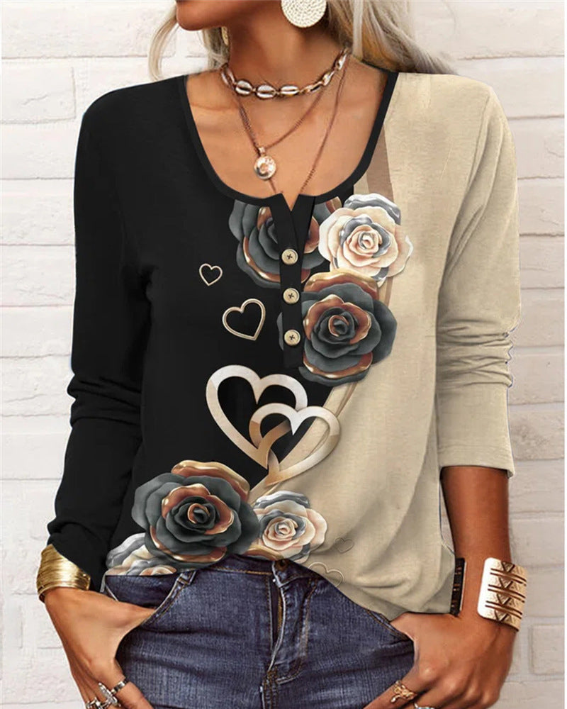 Langermet trykt topp med U-hals