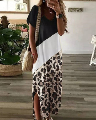 Uformell kjole i fargeblokk og leopardprint
