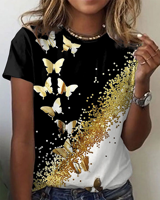 Rund hals basic t-skjorte med blomster og butterfly