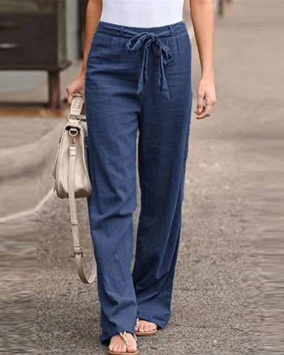 Ensfargede Rette Bukse med Elastisk Midje