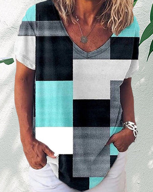 T-skjorte med blomster og rutete trykk med korte ermer