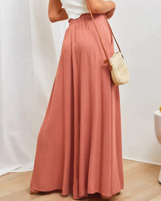 Ensfarget bukse med høy midje og brede ben