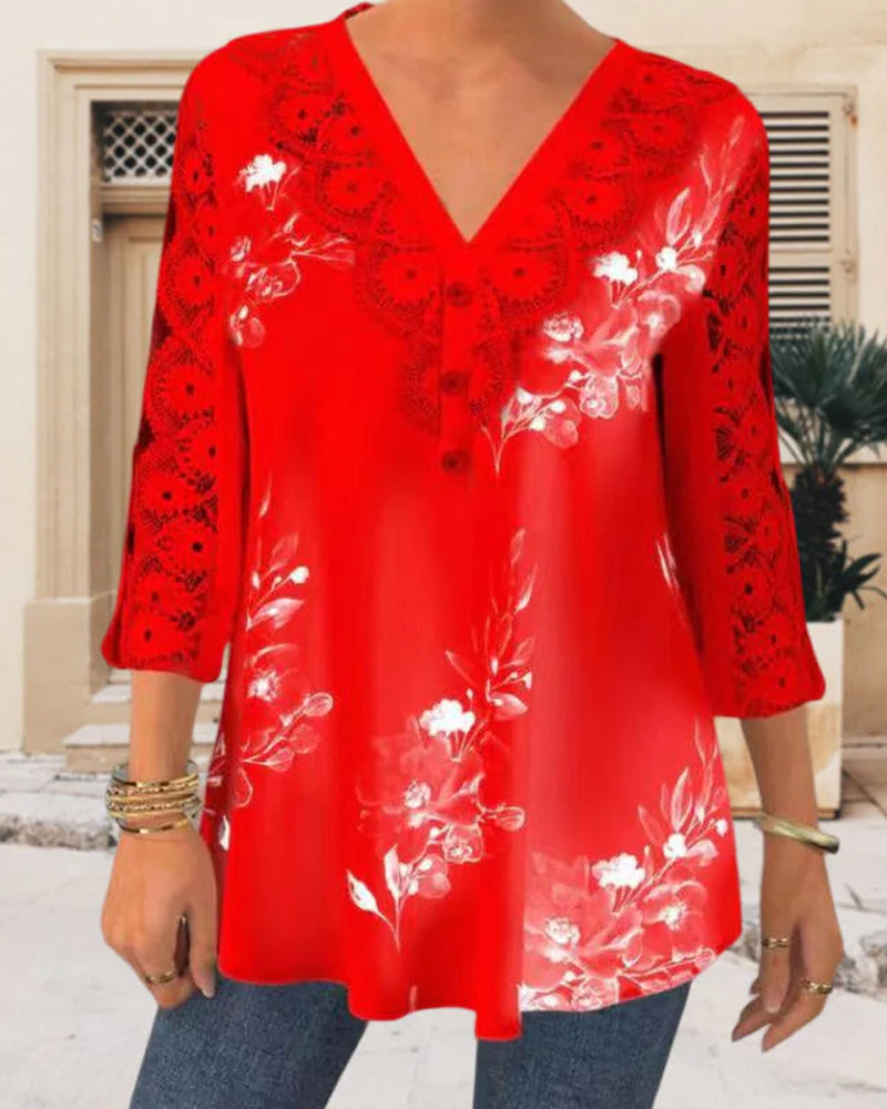 Bluse med trekvart ermer og blonder