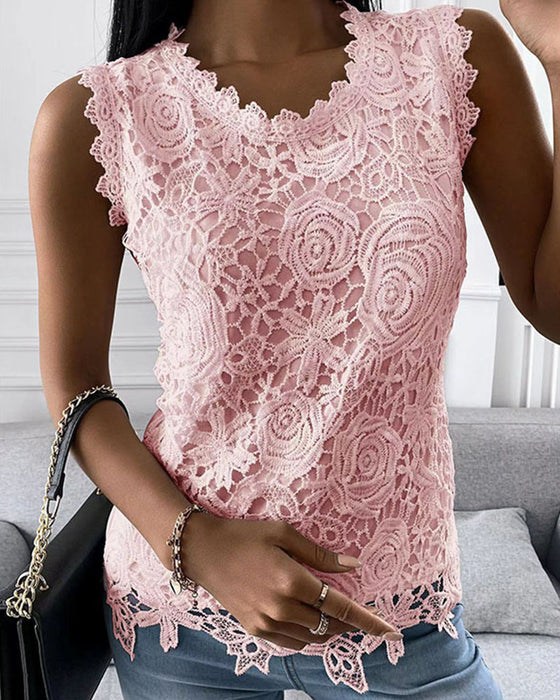 Elegant tank topp i solid med blonder
