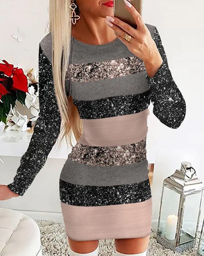 Langermet kjole i fargeblokktrykk