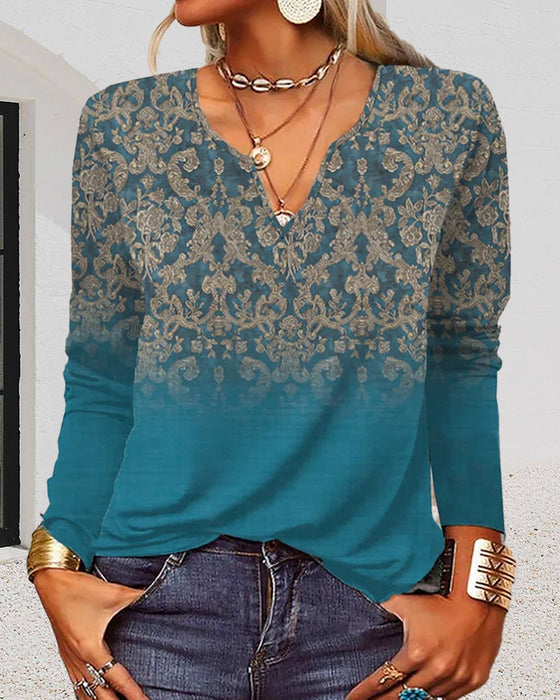 Langermet topp med V-hals og trykk