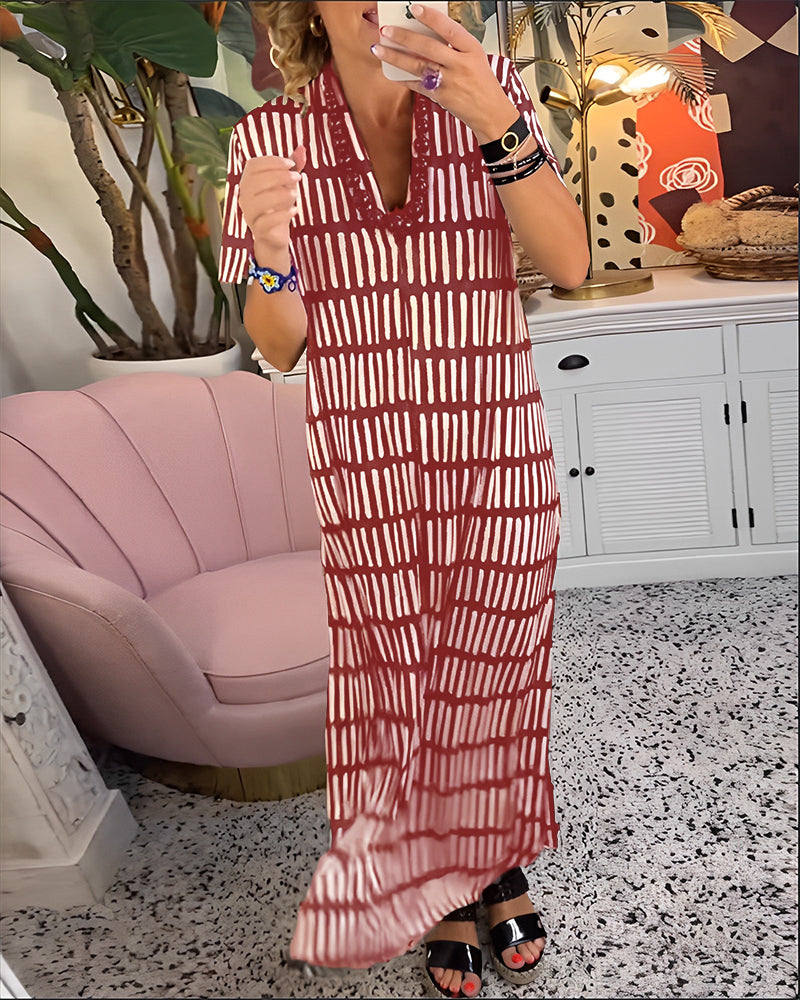 Printet kortermet uformell lang kjole