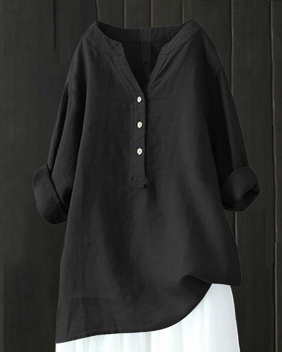 Ensfarget langermet skjorte med V-hals