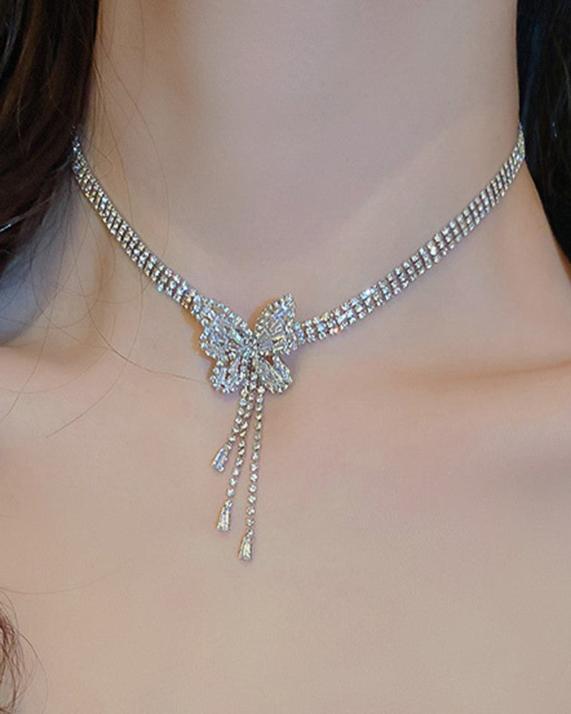 Rhinestone Butterfly Tassel Chain Halskjede øredobber