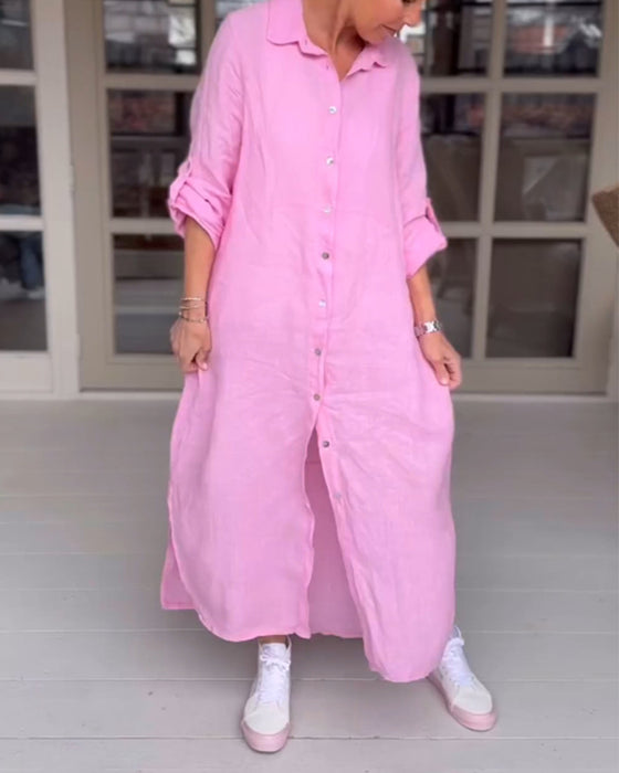 Ensfarget casual kjole med knapper