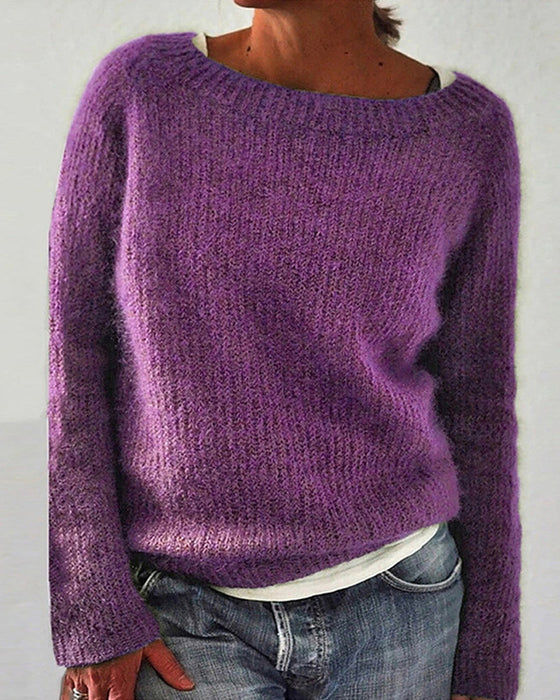 Langermet ensfarget genser med rund hals