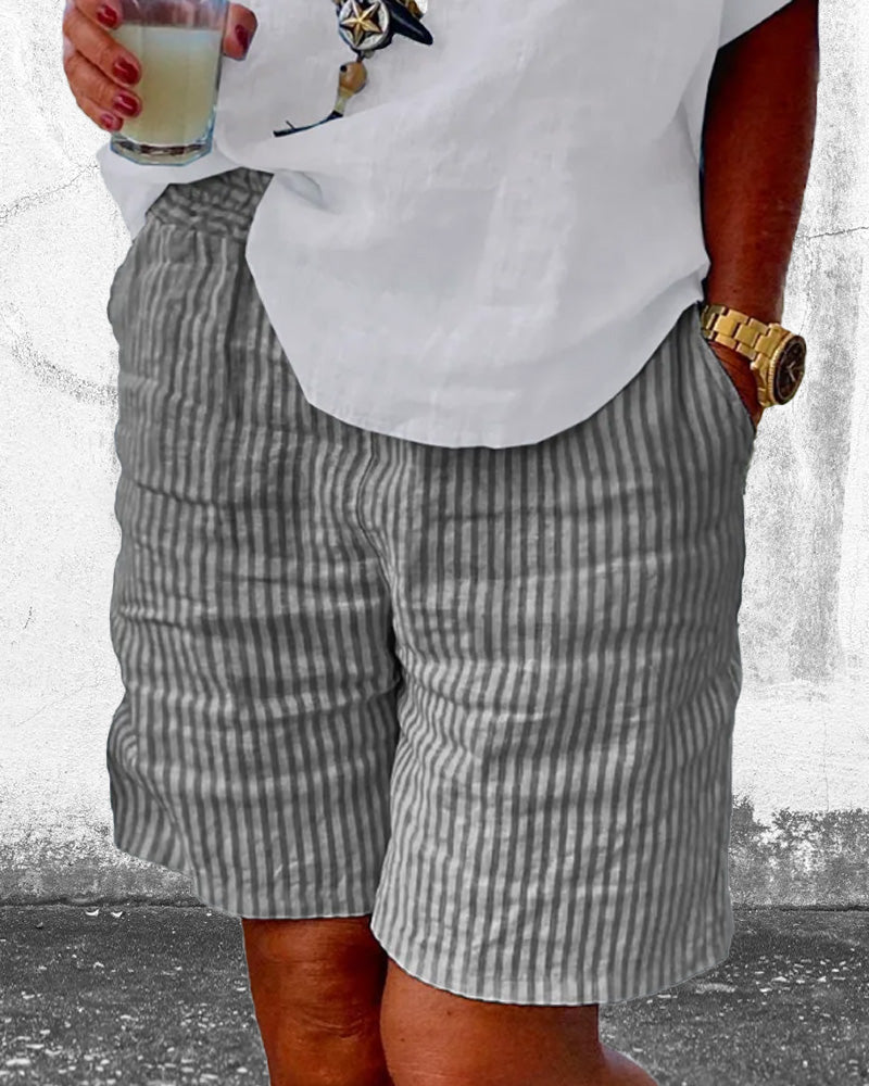 Shorts med stripetrykk i bomull og lin