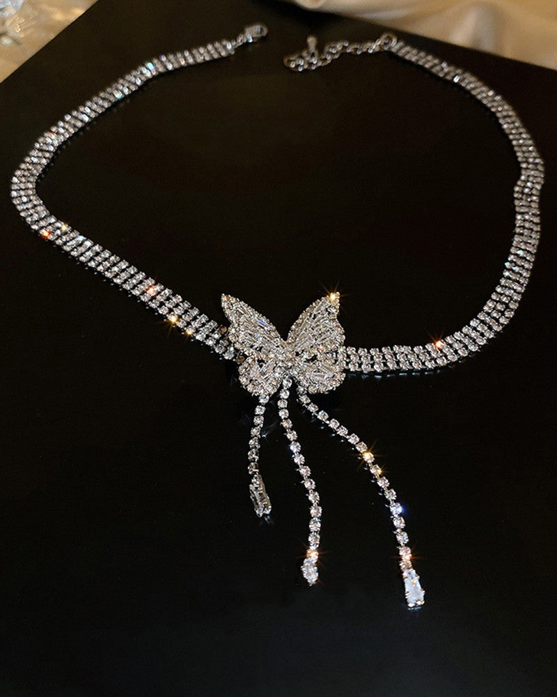 Rhinestone Butterfly Tassel Chain Halskjede øredobber