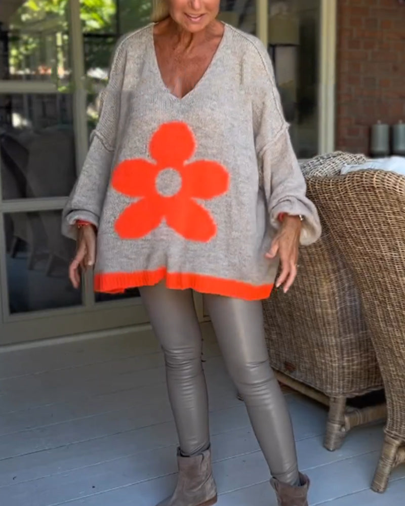 Blomstermønster v-hals genser