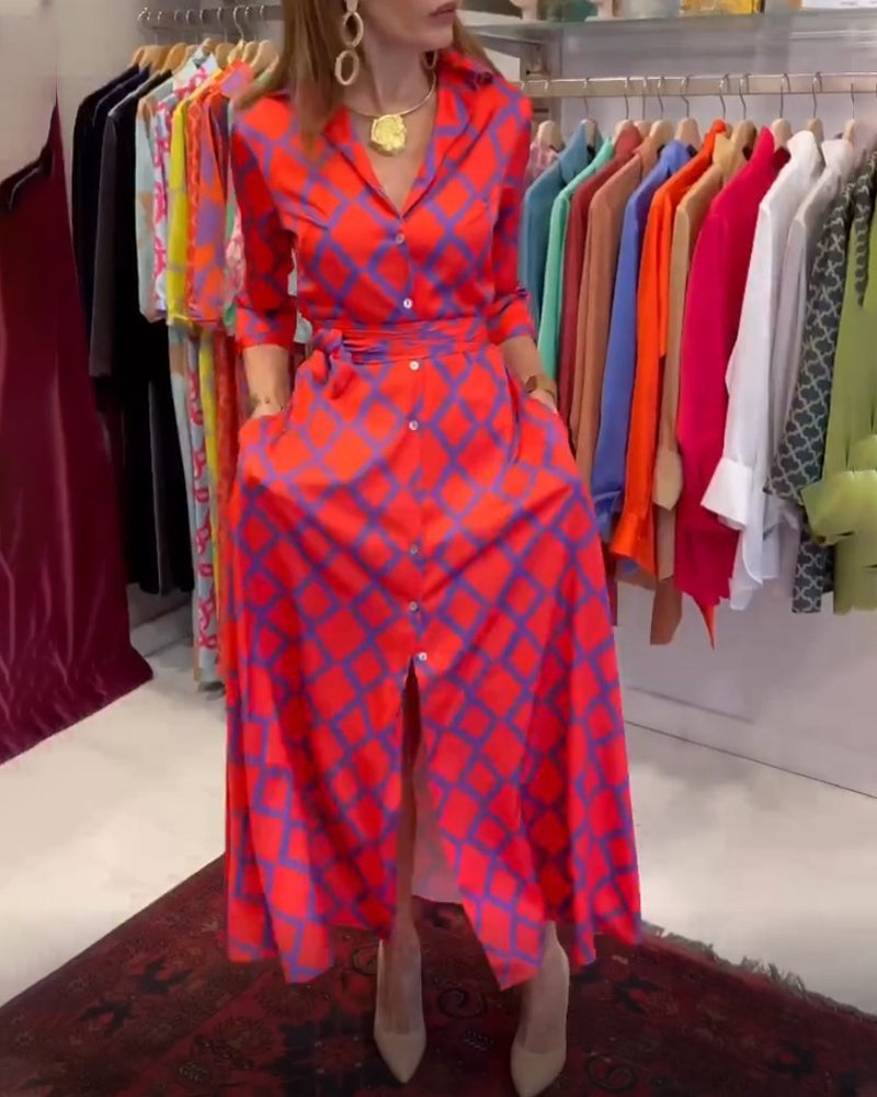 Skjortekjole med V-hals og 3/4-ermer