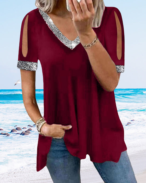 Solid t-skjorte med paljetter utenfor skulderen