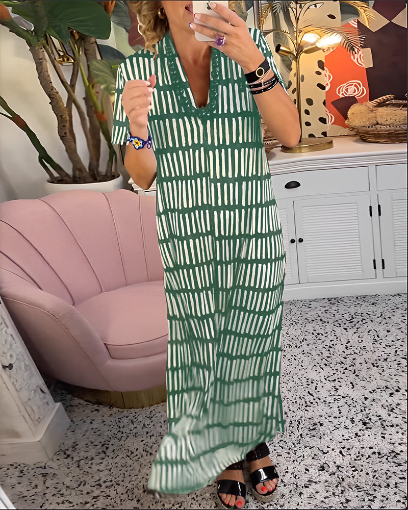 Printet kortermet uformell lang kjole