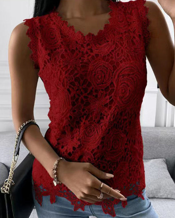 Elegant tank topp i solid med blonder