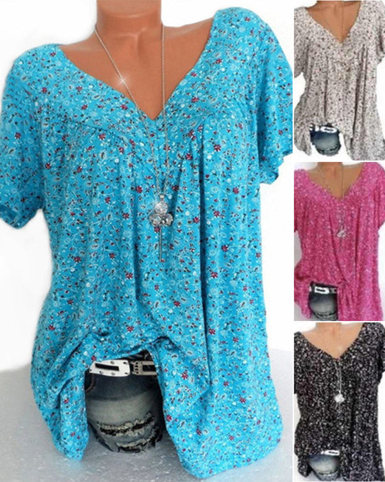 V-hals Løs Kortermet Uformell T-skjorte