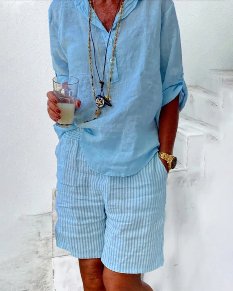 Shorts med stripetrykk i bomull og lin