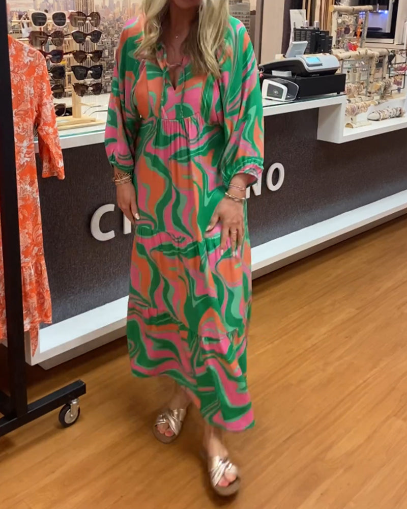 Trykket v-hals maxi kjole