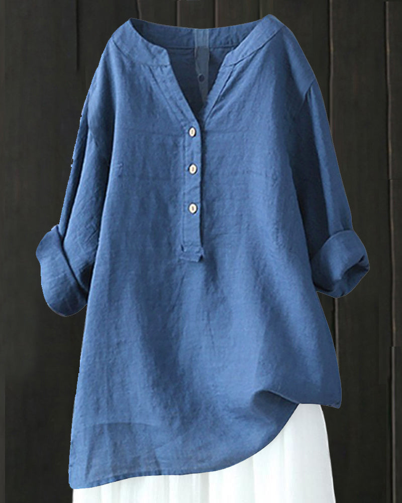 Ensfarget langermet skjorte med V-hals