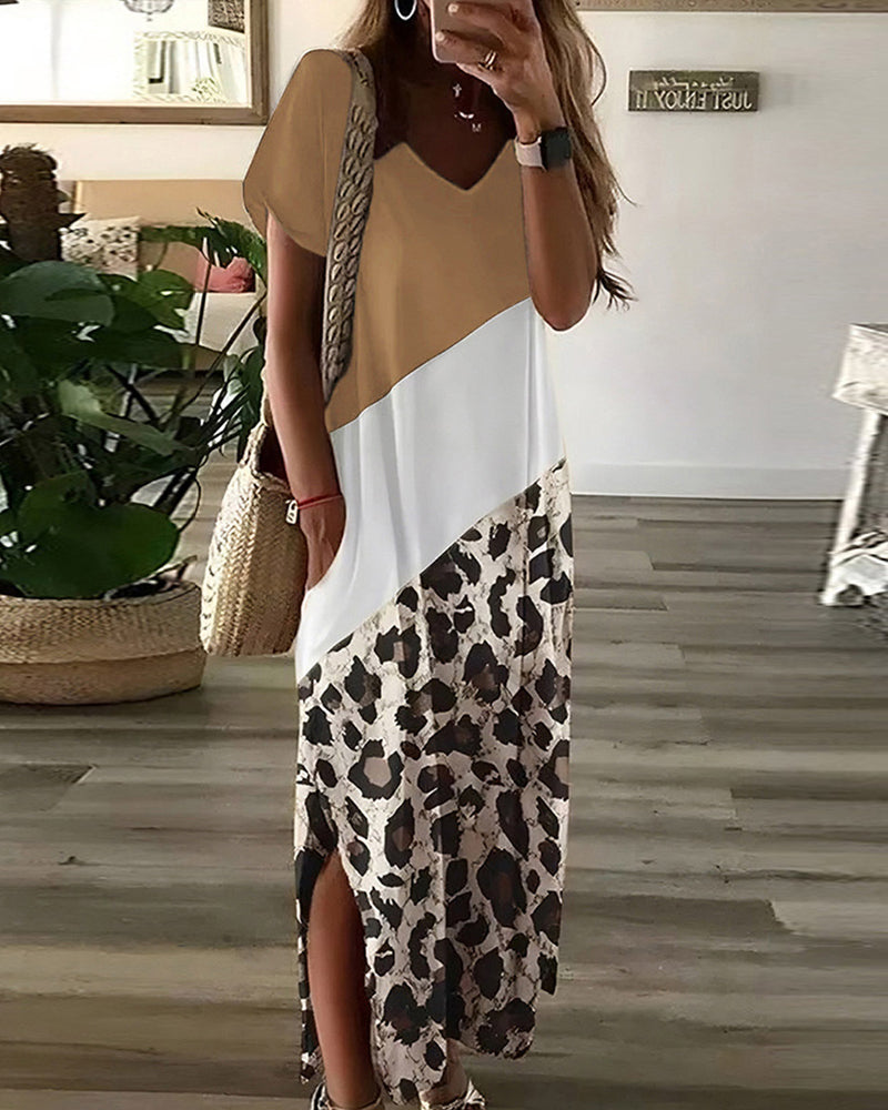 Uformell kjole i fargeblokk og leopardprint